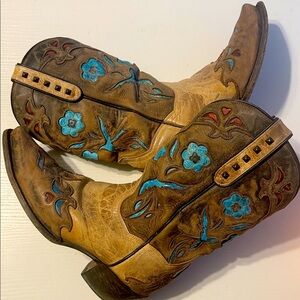 Dan Post Floral Embroidered Heeled Boots - Brown and Blue